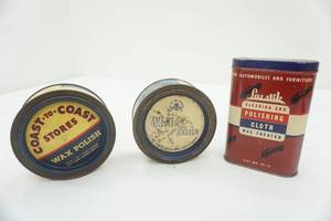 lot 112 image: Vintage Coast-to-Coast Wax Polish Can, White Side Can, & Lasstik Cleaning and Polishing Cloth Can (cloth still in there