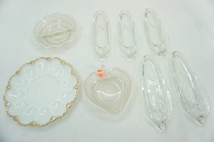 lot 216 image: Vintage Milk Glass, Deviled Egg Plate with Gold Trim, opalescent hobnail moonstone, corn-on-the-cob dishes