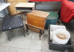 lot 223 image: Antique & Vintage School Desks, Storage Containers, and black table