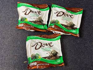 lot 196 image: 3 Bags of Dove Dark Chocolate Mint Swirls