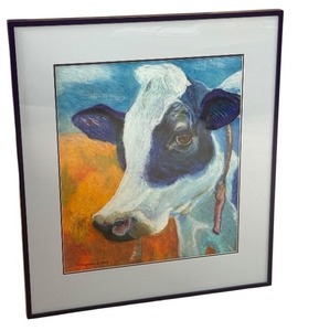 lot 2 image: Original Oil Pastel Artwork by Ann Magnuson - Cow Portrait, Framed