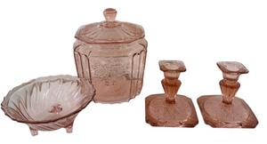 lot 32 image: Vintage Pink Depression Glass Set Jar, Bowl, and Candlestick Holders