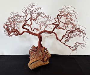 lot 133 image: Copper Wire Bonsai Tree with Burled Wood Base