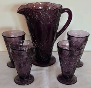 lot 51 image: Tiara Glass Amethyst Avocado Pitcher & Glass Set