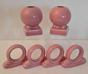 lot 114 image: Rosy Fiesta Ware Candleholder & Napkin Ring Grouping