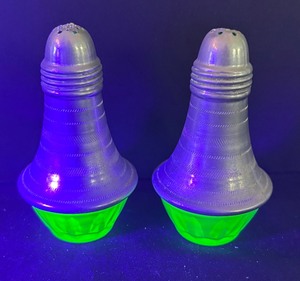 lot 24A image: Vintage Uranium Glass and Aluminum Salt and Pepper Shakers