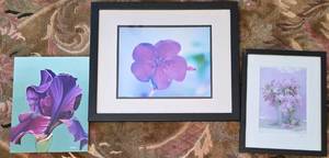 lot 207 image: Selection of Framed Floral Art in Shades of Purple