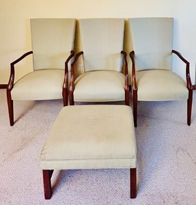 lot 20 image: Trio of Beautiful Light Green Arm Chairs and Ottoman From Gabberts