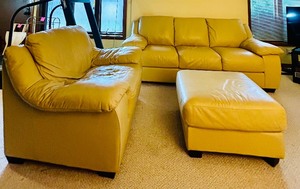 lot 251 image: Beautiful Buttery Three Seat Leather Sofa and Oversized Chair with Ottoman by Italasofa