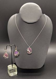 lot 159A image: Sterling and Purple Druzy Stone Dragonfly Earrings and Necklace