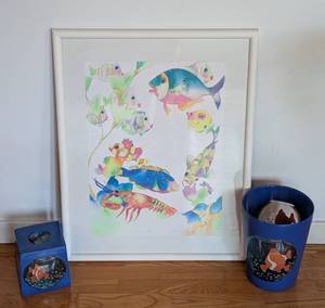 lot 383 image: Fun Fish Print with Coordinating Tissue Box and Bin