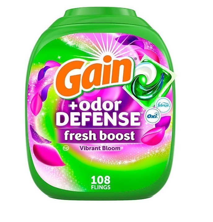 lot 163 image: NEW Gain Flings Odor Defense Fresh Boost Laundry Detergent Pacs, Vibrant Bloom, 108 ct.