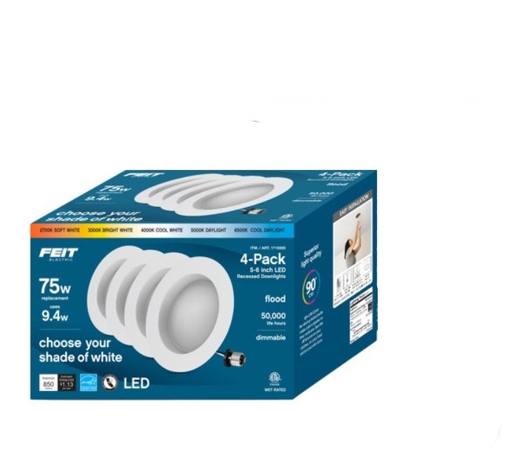 lot 397 image: Feit Electric 75W Replacement 5-CCT LED Recessed Downlight 4PK
