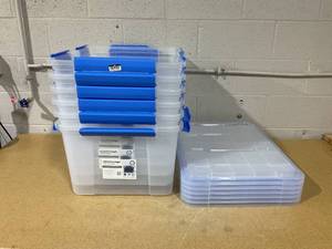 lot 499 image: LOT OF 6 - Ezy Storage Waterproof Clear Latch Totes,  75L79.3Qt