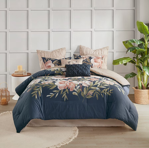 lot 85 image: 8PCS Cal King Madison Park Shabby Chic Floral Printed Navy Comforter Set