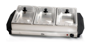 lot 113 image: Elite Gourmet 7.5 Quart Triple Buffet Server Food Warmer Temperature Control, Clear Slotted Lids