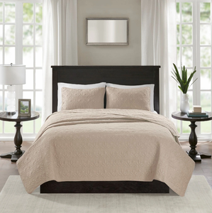 lot 115 image: 3PCS FullQueen Olliix by Madison Park Khaki Quebec Reversible Coverlet Set