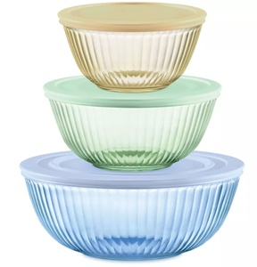 lot 164 image: 6PCS Pyrex Sculpted Tinted Lidded Mixing Bowl Set Glass Bowls with Lids