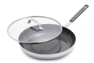 lot 225 image: Bobby Flay 12 Stainless Steel Ceramic Nonstick Covered Fry Pan