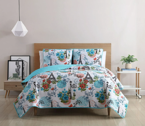 lot 250 image: 3PCS FullQueen VCNY Home Eiffel Blue Parisian Floral Reversible Quilt Set