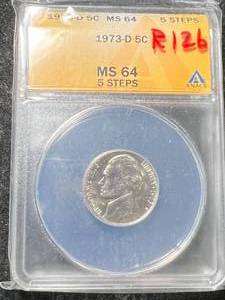 lot 29 image: 1973-D US JEFFERSON NICKEL ANACS MS64 5 STEPS