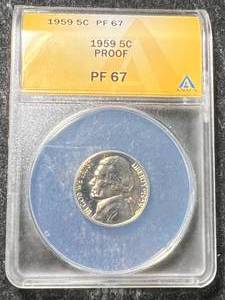 lot 51 image: 1959 US PROOF JEFFERSON NICKEL ANACS PF67