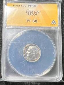 lot 58 image: 1962 US PROOF ROOSEVELT DIME ANACS PF68