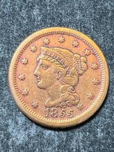lot 65 image: 1855 US BRAIDED HAIR LARGE CENT