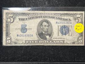 lot 77 image: 1934C US BLUE SEAL $5 SILVER CERTIFICATE
