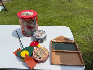 lot 68 image: METAL TINS, CHALK BOARD AND DUCK