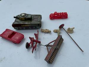 lot 116 image: TANK, FAMRER, CHICKENS, AND RED TOYS