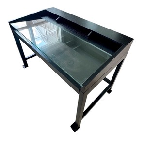 lot 39 image: Crate and Barrel Display Desk with Glass Top and Storage