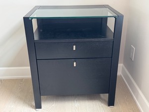 lot 45 image: Crate & Barrel Black Reese Ebony Compact Office Stand Crate & Barrel Black Wooden Office Cabinet Printer Stand with Glass Top