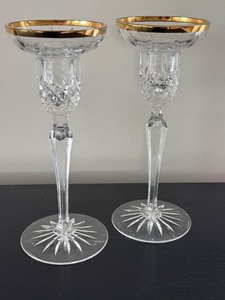 lot 100 image: Pair of Wedgwood Crystal Candle Holders with Gold Rim, 8 Inches Tall