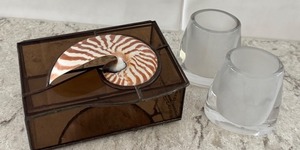 lot 104 image: Glass Trinket Box with Nautilus Shell Accent and Pair of Art Glass Style Bud Vases