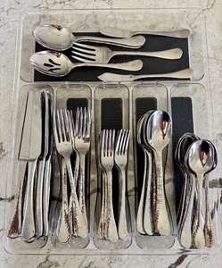 lot 106 image: Large Ginkgo Stainless Steel Flatware Set - Hammered Finish