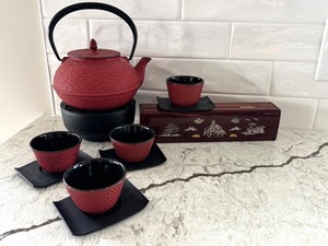 lot 107 image: Japanese Cast Iron Tea Set with Cups, Teapot, Trays, and Chopsticks in Box
