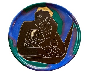 lot 58 image: Artisan Crafted 12 Pottery Plate with Abstract Mother and Child Design
