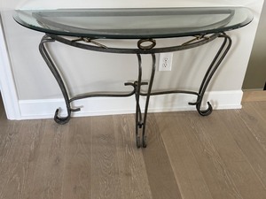 lot 7 image: Metal and Glass Console Table with Decorative Brass Accents