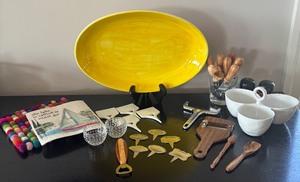 lot 127R image: K - Cheese Serving Set with Large Yellow Platter, Tools, Hot Pad, and Tableware