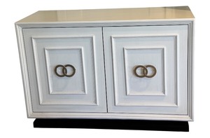 lot 149 image: LL - White Double Door Cabinet with Brass Ring Handles