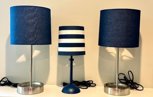 lot 153 image: LL - Set of 3 Table Lamps with Blue and Striped Shades