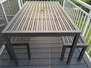 lot 37C image: Metal Outdoor Patio Table with 2 Benches and Cushions