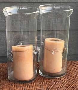 lot 43D image: Pair of 14-Inch Glass Hurricane Candle Holders with Pillar Candles