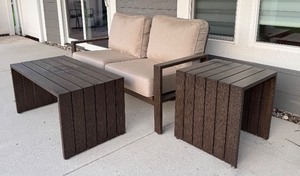 lot 169 image: P - Outdoor Metal Patio Set with Loveseat, Coffee Table and End Table