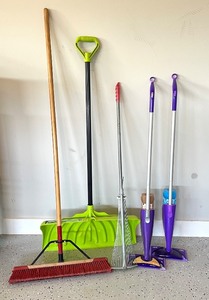 lot 209 image: Yard and Home Cleaning Equipment Set Including Snow Shovel, Push Broom, Rake, and Spray Mops