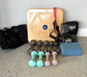 lot 218 image: Home Workout Equipment Set with Dumbbells, Balance Board, Gloves, and Accessories