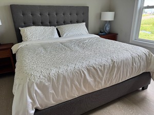 lot 5A image: Beautiful Upholstered Gray King Bed Frame