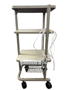 lot 55 image: 3-Tier Mobile Rolling Endoscopy Cart with Power Strip and Wire Basket  Ease of Mobility, Good Amount of Shelving for Items and Utilities  Great Condition