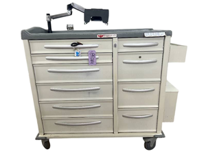 MSRP $8000 Phoenix LTC Multi-Drawer Medical Medication Cart with Secure Tablet Mount. Durable design with smooth-rolling casters, spacious drawer storage, and a working electronic lock system for added security plus keys! Reliable, organized, and mobile.